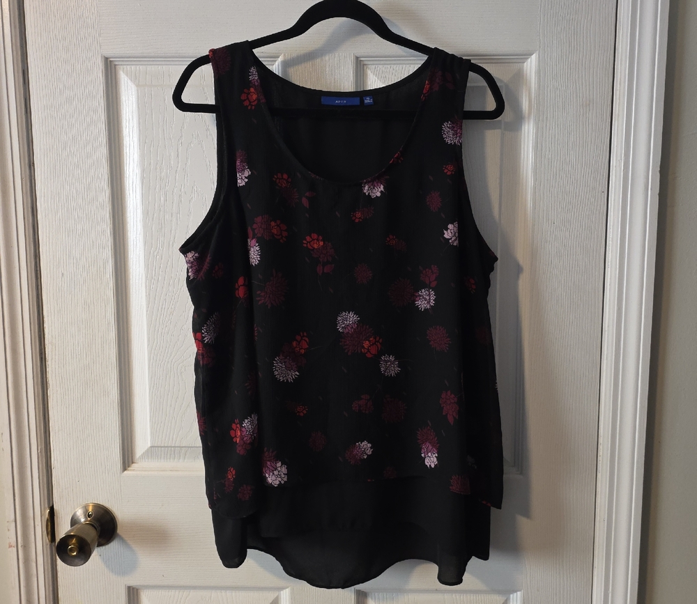 Apt. 9 Black Tank with Red and Purple Floral Design